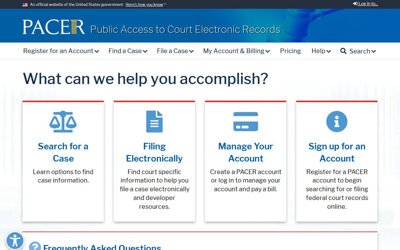 PACER federal court records information page