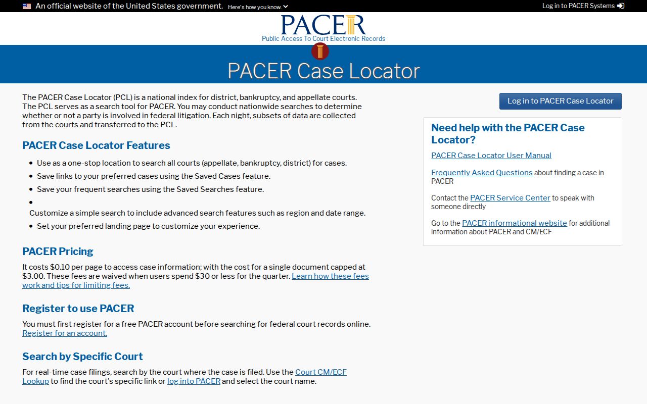 PACER Case Locator for federal court dockets
